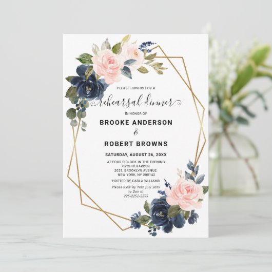 Rustic Wood Navy Blush Geometric Rehearsal Dinner Kaart (Staand voorkant)