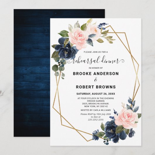 Rustic Wood Navy Blush Geometric Rehearsal Dinner Kaart (Voorkant / Achterkant)