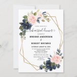 Rustic Wood Navy Blush Geometric Rehearsal Dinner Kaart<br><div class="desc">Donkerblauw,  met de florale geometrische repetitie Uitnodiging met elegante bouquet van blauw van de marine,  koninklijk blauw,  wit,  zwart roos en groene eucalyptusbladeren en elegant glitter geometrisch neutraal lijst. Neem contact met mij op voor hulp bij aanpassingen of als u een ander product nodig hebt met dit ontwerp</div>