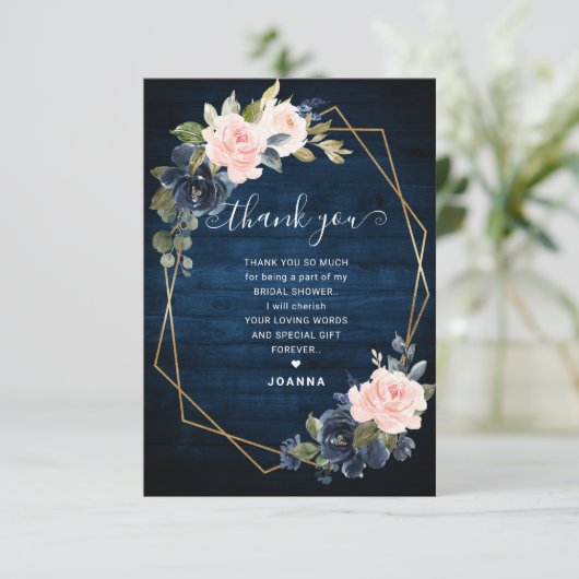 Rustic Wood Navy Blush Geometric Vrijgezellenfeest Bedankkaart (Staand voorkant)