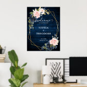 Rustic Wood Navy Blush Geometric Weddenschap Welko Poster (Thuiskantoor)