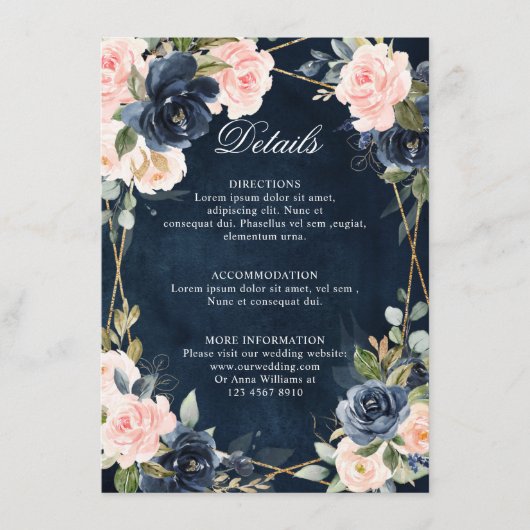 Rustic Wood Navy Blush Geometric Wedding Details E Informatiekaartje (Voorkant)