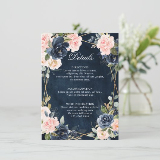 Rustic Wood Navy Blush Geometric Wedding Details E Informatiekaartje (Staand voorkant)