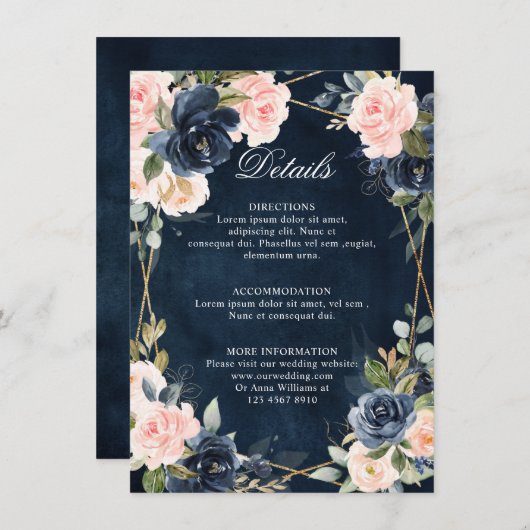 Rustic Wood Navy Blush Geometric Wedding Details E Informatiekaartje (Voorkant / Achterkant)