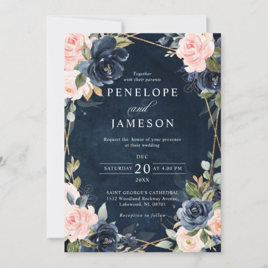 Rustic Wood Navy Blush Geometric Wedding Invitatio Kaart (Voorkant)