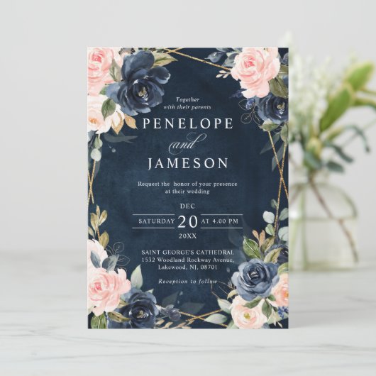 Rustic Wood Navy Blush Geometric Wedding Invitatio Kaart (Staand voorkant)