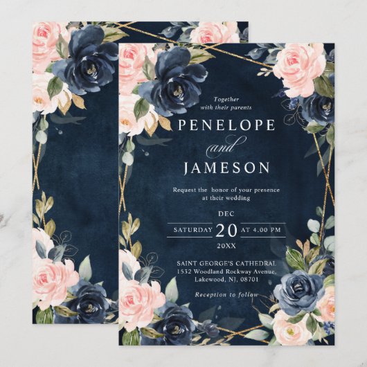 Rustic Wood Navy Blush Geometric Wedding Invitatio Kaart (Voorkant / Achterkant)