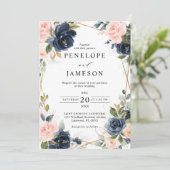 Rustic Wood Navy Blush Geometric Wedding Kaart (Staand voorkant)