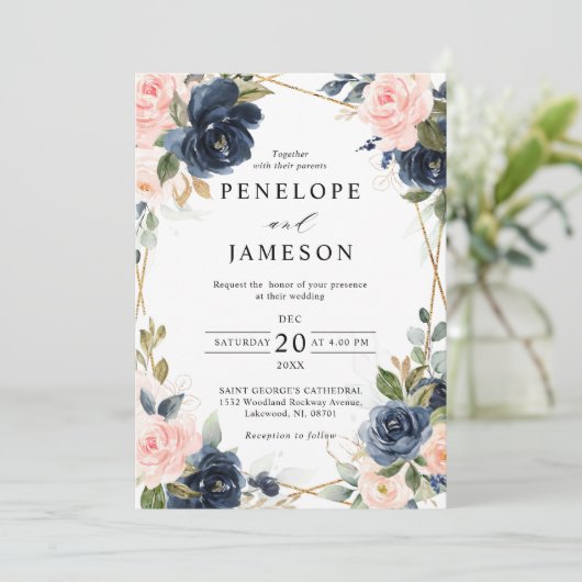 Rustic Wood Navy Blush Geometric Wedding Kaart (Staand voorkant)