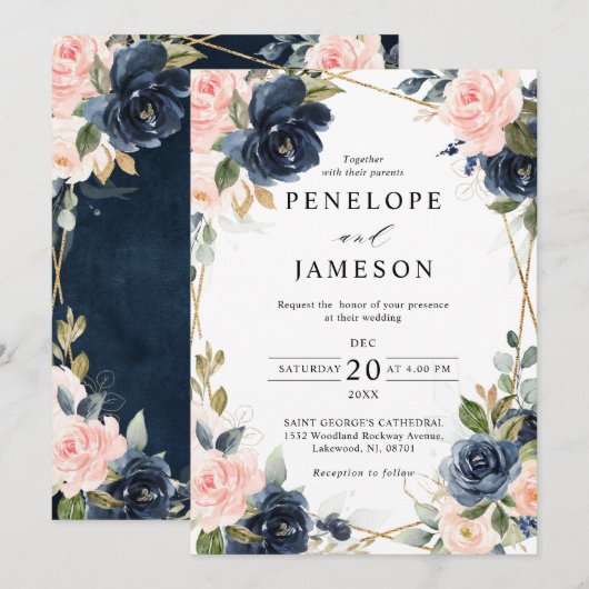 Rustic Wood Navy Blush Geometric Wedding Kaart (Voorkant / Achterkant)