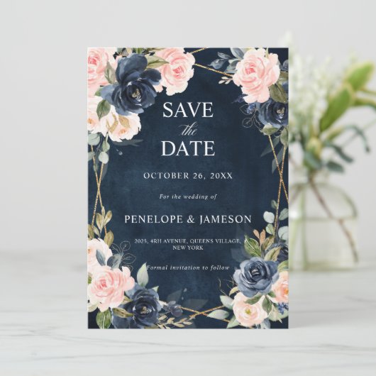 Rustic Wood Navy Blush Geometric Wedding Save the Date (Staand voorkant)