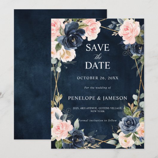 Rustic Wood Navy Blush Geometric Wedding Save the Date (Voorkant / Achterkant)