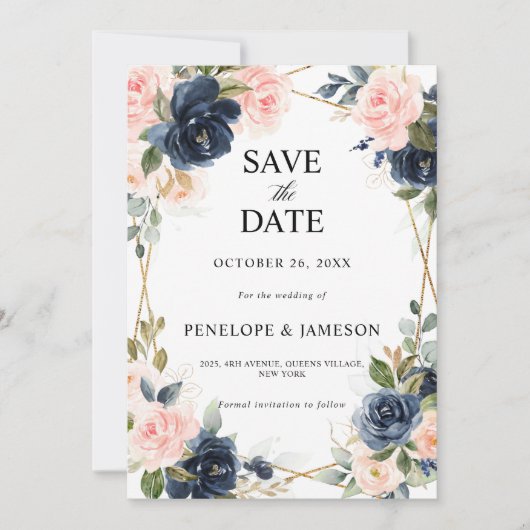 Rustic Wood Navy Blush Geometric Wedding Save The Date (Voorkant)