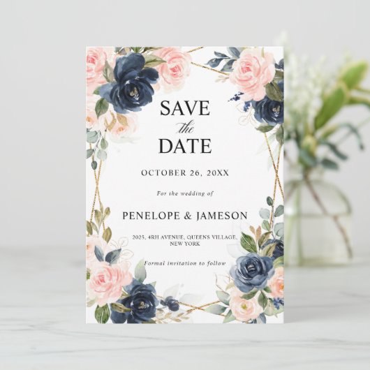 Rustic Wood Navy Blush Geometric Wedding Save The Date (Staand voorkant)