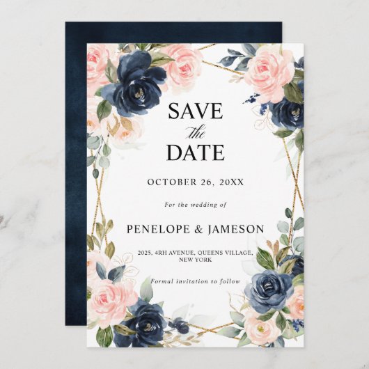 Rustic Wood Navy Blush Geometric Wedding Save The Date (Voorkant / Achterkant)