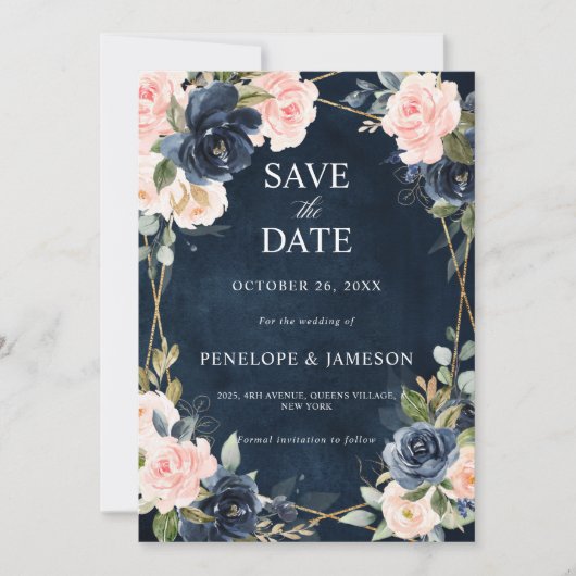 Rustic Wood Navy Blush Geometric Wedding Save the Save The Date (Voorkant)