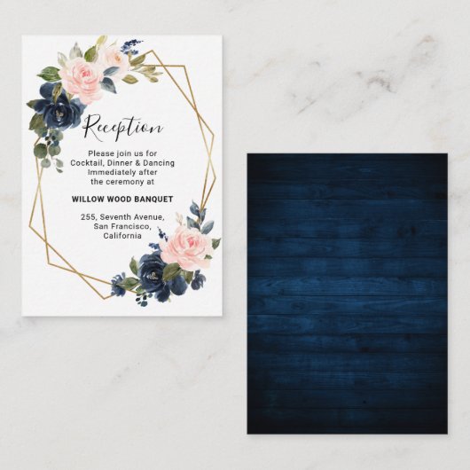 Rustic Wood Navy Blush Geometrische bruiloft recep Informatiekaartje (Voorkant / Achterkant)