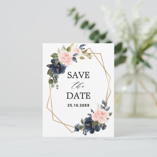 Rustic Wood Navy Blush Geometrische Save the Date Briefkaart (Staand voorkant)