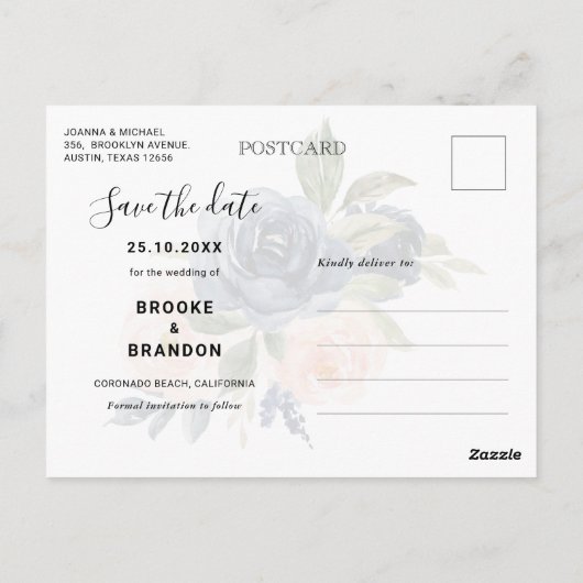 Rustic Wood Navy Blush Geometrische Save the Date Briefkaart (Achterkant)