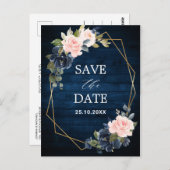 Rustic Wood Navy Blush Geometrische Save the Date Briefkaart (Voorkant / Achterkant)