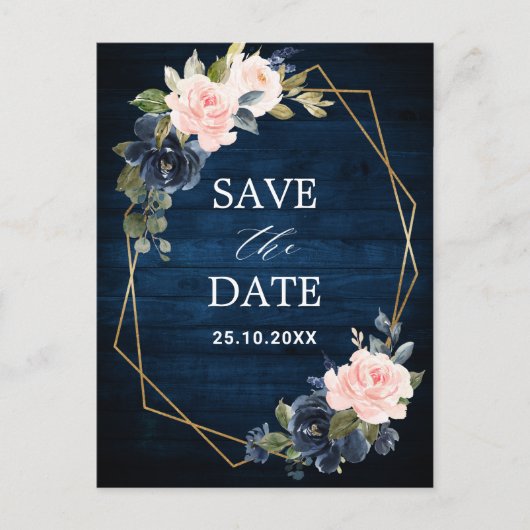Rustic Wood Navy Blush Geometrische Save the Date Briefkaart (Voorkant)