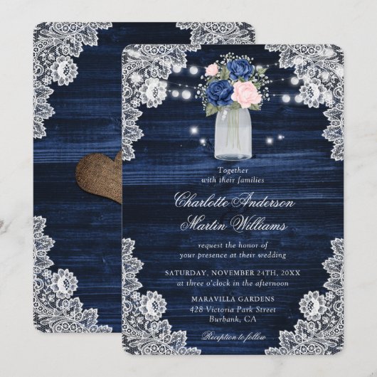 Rustic Wood Navy Blush Pink Floral Wedding Kaart (Voorkant / Achterkant)