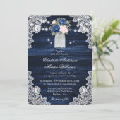 Rustic Wood Navy Blush Pink Floral Wedding Kaart (Staand voorkant)