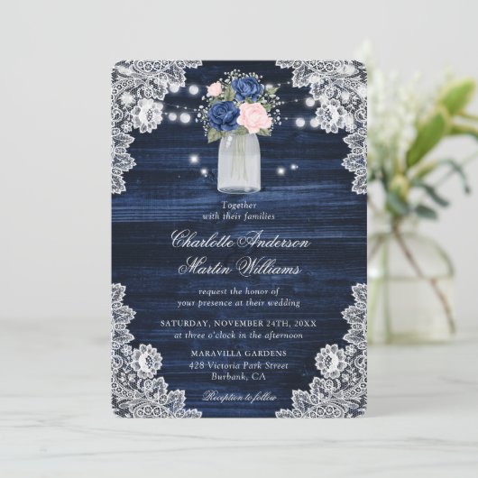 Rustic Wood Navy Blush Pink Floral Wedding Kaart (Staand voorkant)