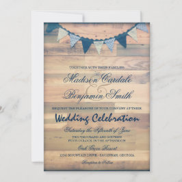 Rustic Wood Navy Bunting Banner Wedding Invites Kaart