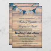 Rustic Wood Navy Bunting Banner Wedding Invites Kaart (Voorkant / Achterkant)