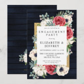 Rustic Wood Navy Burgundy Gold Engagement Party Kaart (Voorkant / Achterkant)
