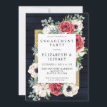 Rustic Wood Navy Burgundy Gold Engagement Party Kaart<br><div class="desc">Rustic Navy Barn Wood Elegant Red en Gold Floral White Engagement Party. Het ontwerp kenmerkt Rode Bloemen,  Anemone en Witte Bloemen met Greenery Elegant Rustic Gold Lijst met Adory Back</div>