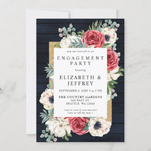 Rustic Wood Navy Burgundy Gold Engagement Party Kaart