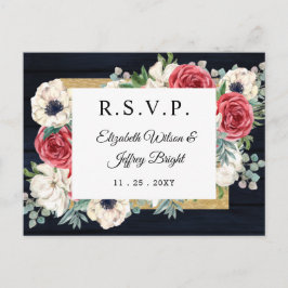 Rustic Wood Navy Burgundy Gold Floral RSVP Uitnodiging Briefkaart
