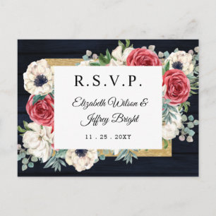 Rustic Wood Navy Burgundy Gold Floral RSVP Uitnodiging Briefkaart