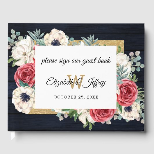 Rustic Wood Navy Burgundy Gold Floral Wedding Gastenboek (Voorkant)