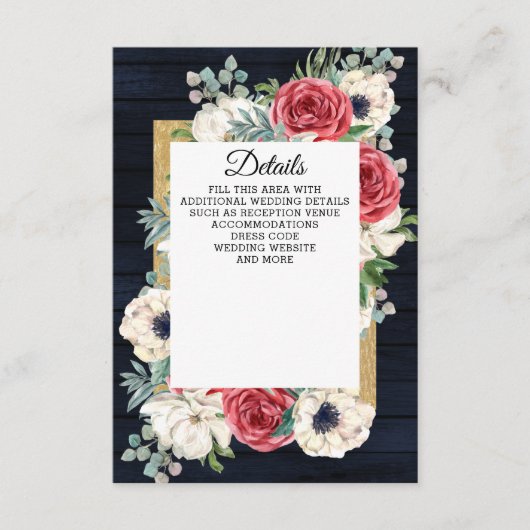 Rustic Wood Navy Burgundy Gold Floral Wedding Informatiekaartje (Voorkant)