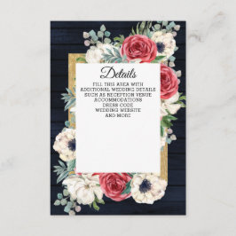Rustic Wood Navy Burgundy Gold Floral Wedding Informatiekaartje