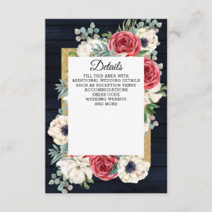 Rustic Wood Navy Burgundy Gold Floral Wedding Informatiekaartje