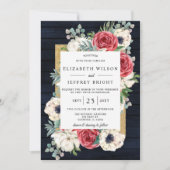 Rustic Wood Navy Burgundy Gold Floral Wedding Kaart (Voorkant)