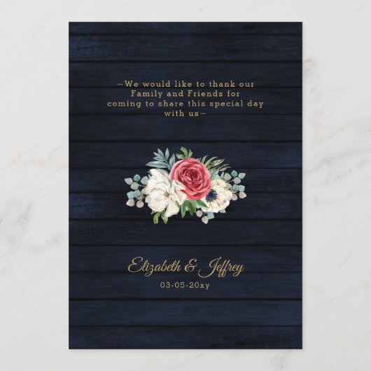 Rustic Wood Navy Burgundy Gold Floral Wedding Menu (Achterkant)