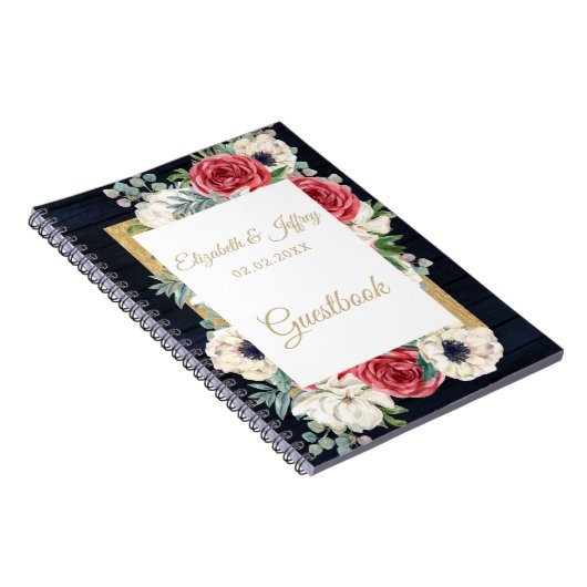 Rustic Wood Navy Burgundy Gold Floral Wedding Notitieboek (Rechterzijde)