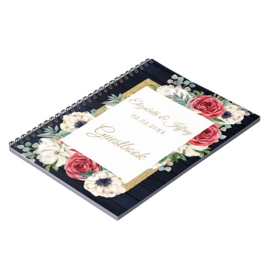 Rustic Wood Navy Burgundy Gold Floral Wedding Notitieboek (Linkerzijde)