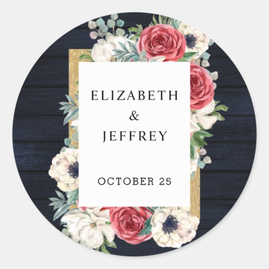 Rustic Wood Navy Burgundy Gold Floral Wedding Ronde Sticker (Voorkant)