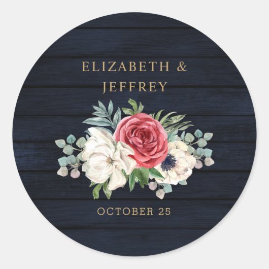 Rustic Wood Navy Burgundy Gold Floral Wedding Ronde Sticker (Voorkant)