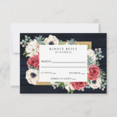 Rustic Wood Navy Burgundy Gold Floral Wedding RSVP Kaartje (Voorkant)