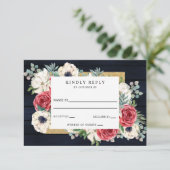 Rustic Wood Navy Burgundy Gold Floral Wedding RSVP Kaartje (Staand voorkant)