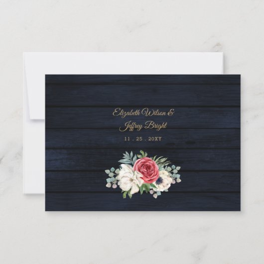 Rustic Wood Navy Burgundy Gold Floral Wedding RSVP Kaartje (Achterkant)