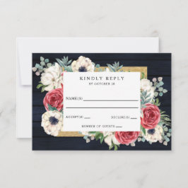 Rustic Wood Navy Burgundy Gold Floral Wedding RSVP Kaartje