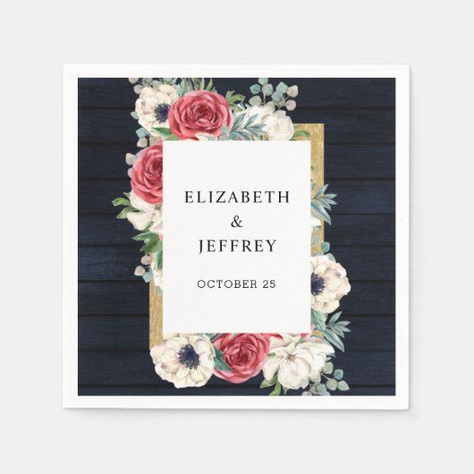 Rustic Wood Navy Burgundy Gold Floral Wedding Servet (Voorkant)